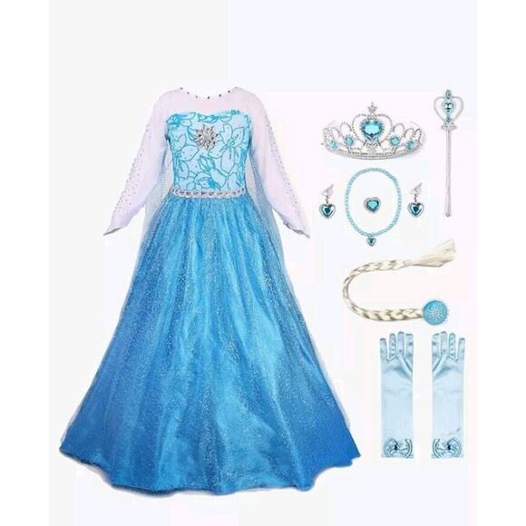Frozen Costume New Queen Dress Up with Hair, Gloves, Wand, Necklace, Sz 3-4, - Picture 2 of 8